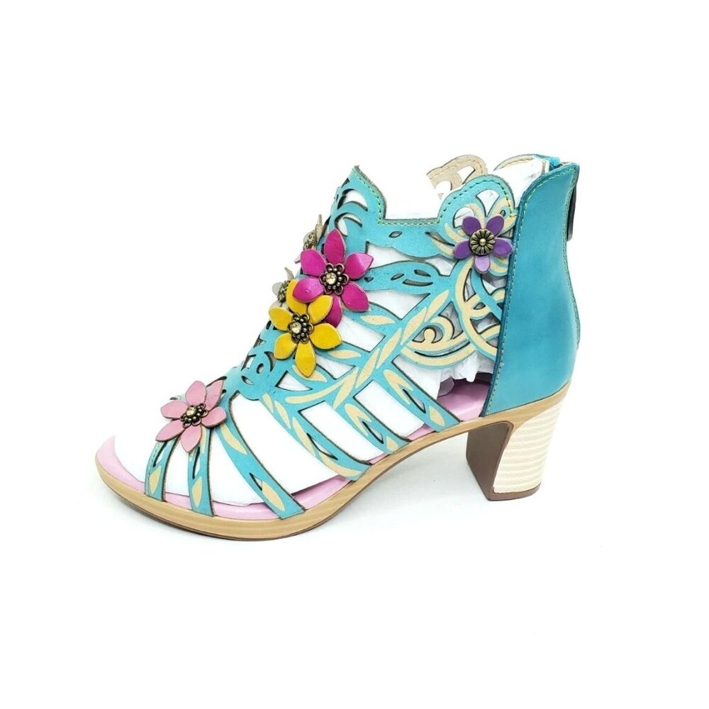 Metcandy Sandals Block Heel Boho Style Colorful Floral Cutout Leather Women US 5
